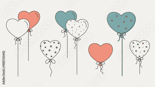 Group of Heart Shaped Balloons in Pastel Colors on Bright Studio Background