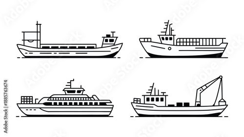 Maritime Vessels: A collection of various maritime vessels, each meticulously illustrated in a clean, minimal style, showcasing diverse designs for navigation and transport.