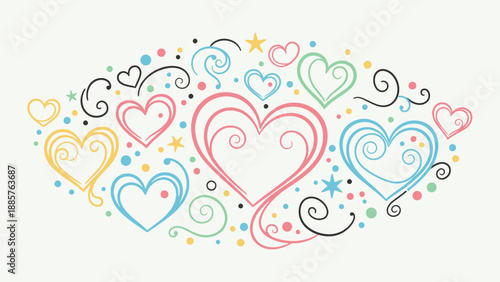 Whimsical Doodle Hearts and Swirls Pattern in Pastel Colors on Bright Background