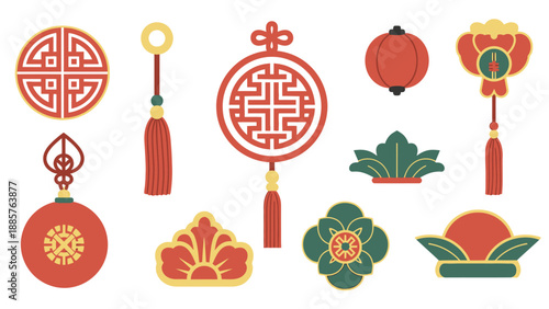 Set of Traditional Chinese Decorative Elements, Including Knots, Lanterns, and Floral Auspicious Symbols on Light Background