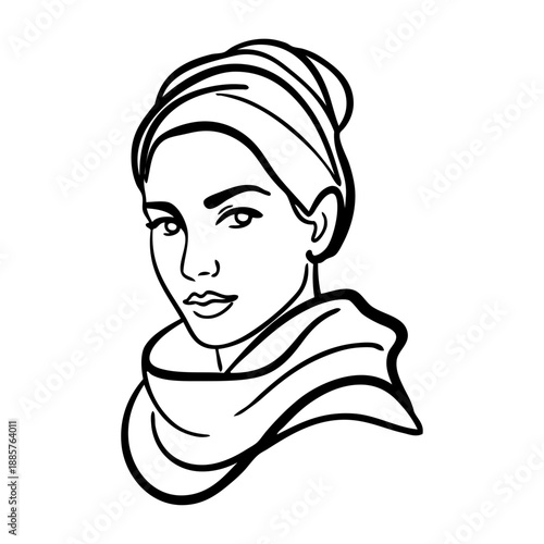 Dibujo sencillo con líneas de la cabeza de una mujer musulmana con un pañuelo tapando el cabello