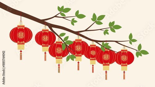 Red Chinese Lanterns Hanging from Tree Branch with Green Leaves on Light Beige Background