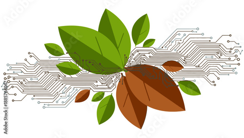 Organic Green and Brown Leaves with Integrated Circuit Board Traces on Light Beige Background