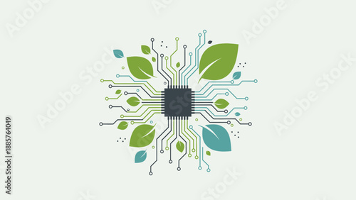 Central Processor Unit with Green Leaves and Circuitry Symbolizing Eco-Friendly Technology on Light Gray Background