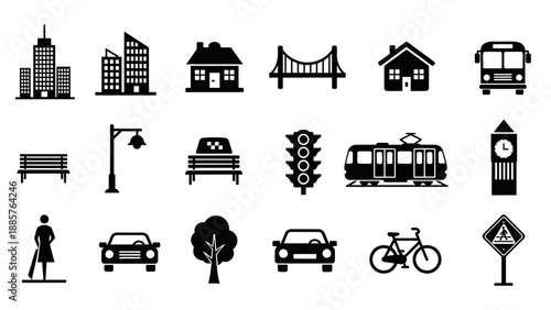 Detailed Set of Black Silhouette City and Transportation Icons on Isolated White Background