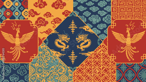 Rich traditional Chinese patterns and auspicious symbols with dragons and phoenixes in an intricate colorful patchwork design.
