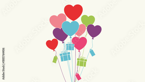 Group of colorful heart-shaped balloons floating above gift boxes, celebrating a special occasion on an isolated white background.