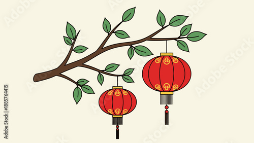 Three red Chinese lanterns with tassels hanging from a leafy tree branch on a soft pale yellow background.