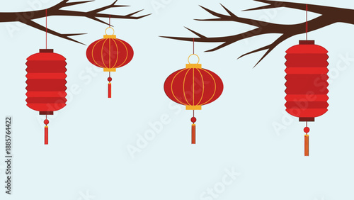 Two traditional red Chinese lanterns hanging from a bare tree branch on a calm light blue background.