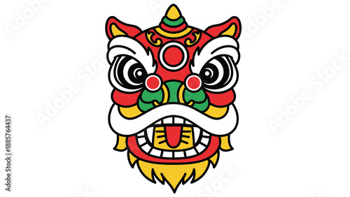 Vibrant traditional Chinese Lion Dance head with colorful details, isolated white background.