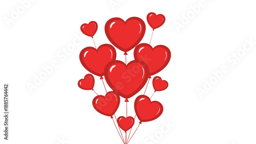 Bunch of red heart-shaped balloons floating joyfully on an isolated white background.