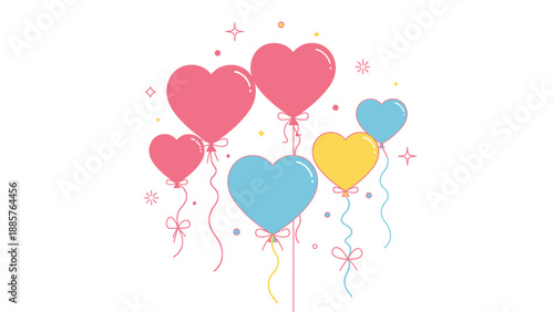 Group of pink, blue, and yellow heart-shaped balloons floating happily on an isolated white background.