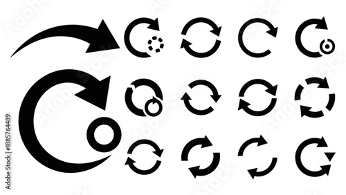 Diverse set of black refresh and circular arrow icons for reload and loop functions, isolated white background.