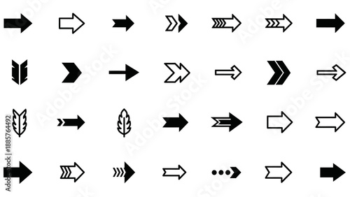 Collection of diverse black arrow icons indicating various directions and actions, isolated white background.