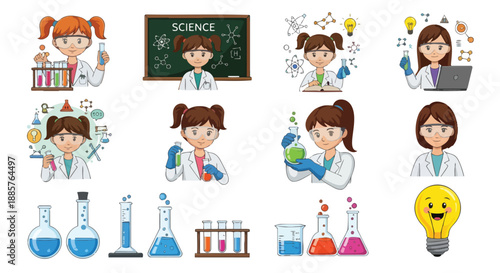 Set Of Cute Cartoon Scientists Performing Experiments