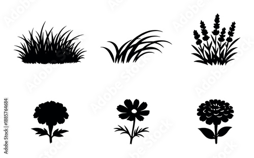 Silhouette collection: grass, lavender, trees, and flower in moonlight