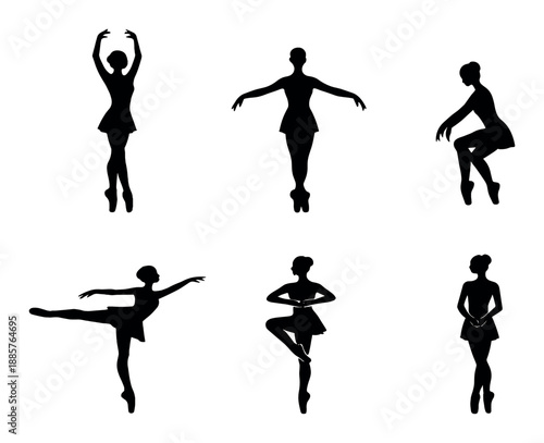 Silhouettes of female ballet dancers in various poses and movements