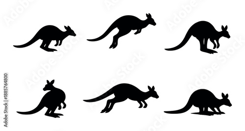 Silhouettes of kangaroos in dynamic jumping poses against black background