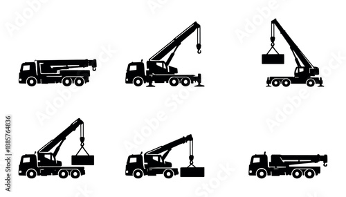 Silhouette of construction trucks with cranes in various positions