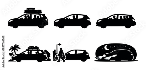 Silhouette of cars and camping scene with family and nature elements