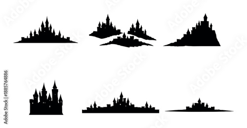 Collection of mysterious dark silhouettes of gothic castles on black background