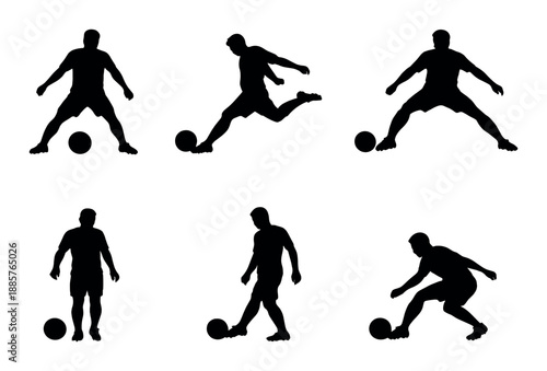 Silhouette soccer players in action poses with ball