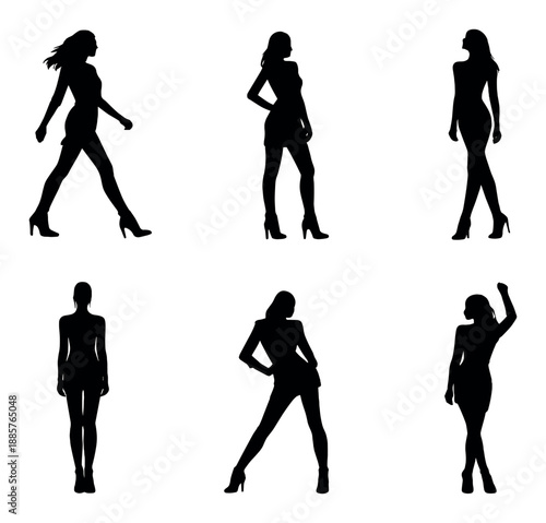 Silhouette of fashionable women in stylish poses on black background