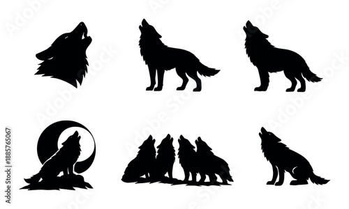 Silhouettes of howling wolves against moonlit sky in various poses