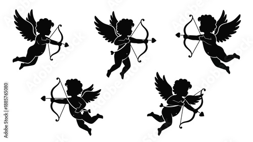 Three cherubic figures with bows and arrows a dark silhouette