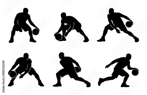 Silhouettes of basketball players dribbling and running in action poses