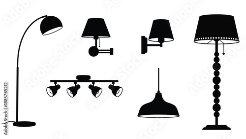 Various lamp designs displayed in a minimalist black silhouette