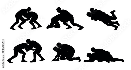 Six silhouettes of wrestling male athletes in action poses
