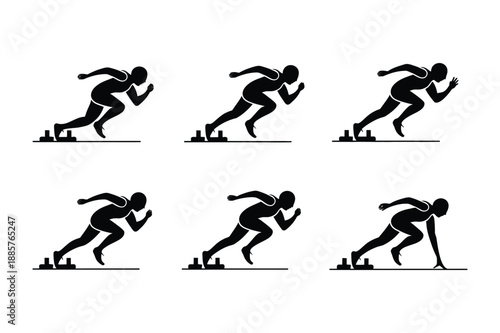 Sprint start sequence silhouette, showing a runner on starting blocks ready to begin a race