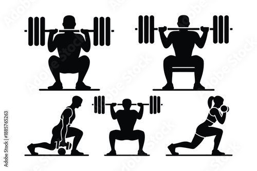 Collection of various gym exercise icons featuring squats and lunges for fitness illustration