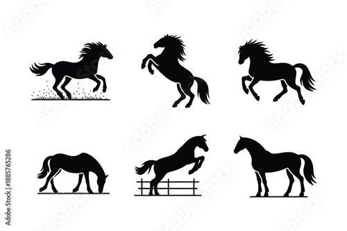 A collection of six horse silhouettes depicting various poses and actions like running, rearing, and jumping