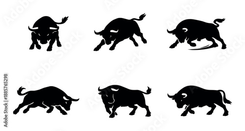 Dynamic bull silhouettes in various poses and energetic motion