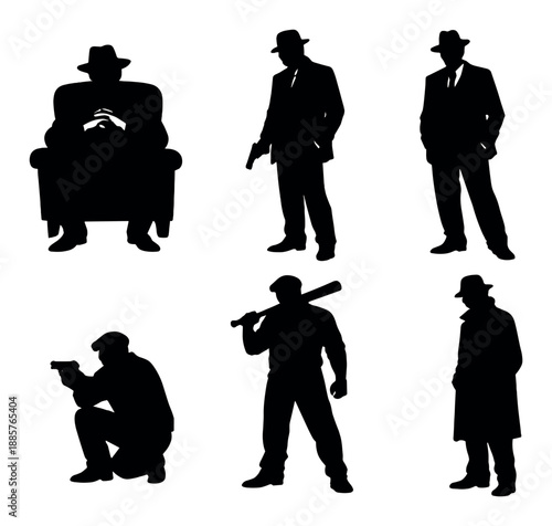 Vintage detective silhouettes of caucasian male figures in classic attire