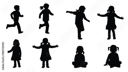 Playful children in various poses a charming black silhouette