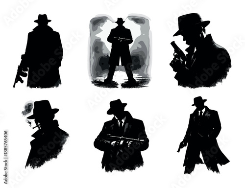 Silhouette of men in fedoras and trench coats with guns