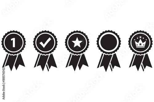 A set of black and white award ribbons with various symbols on a plain white background
