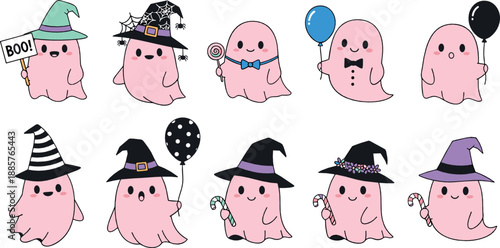 Cute Halloween ghost illustration set with spooky costumes, witch hats, balloons, candy, and playful cartoon characters in pastel flat vector style