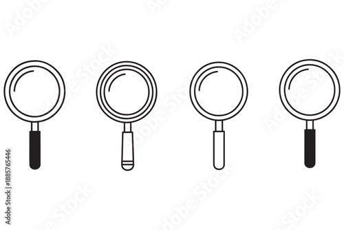 A set of four magnifying glasses with different handles on a white background