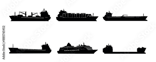 Silhouette of cargo and cruise ships on grayscale background