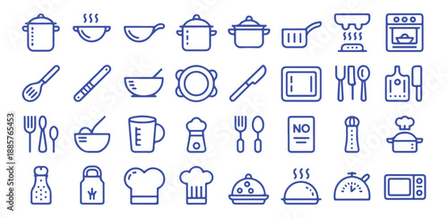 Blue Kitchen Utensils and Cooking Icons on White Background