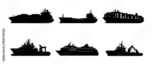 Silhouettes of various ships: cargo, cruise, and military vessels at sea