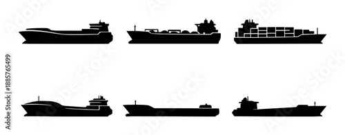 Silhouette collection of cargo and container ships in dark background