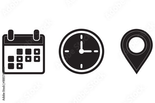 A set of simple black and white icons representing time and location