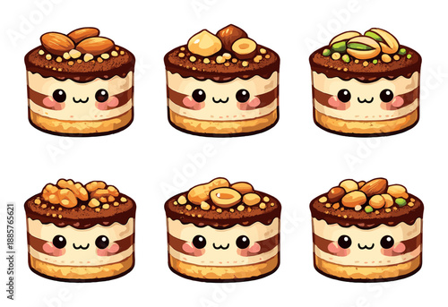 Cute cartoon cakes with various nut toppings and smiling faces