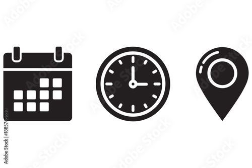 A set of black and white icons representing calendar, clock, and location on a plain background