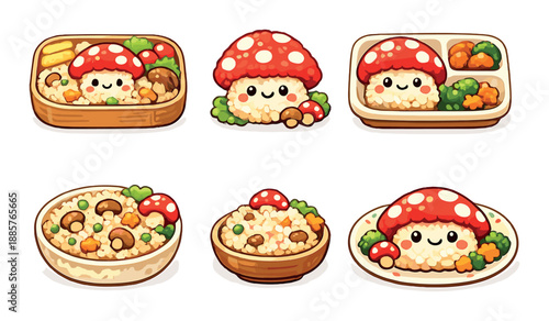 Cute mushroom-themed bento boxes with kawaii faces and vegetables